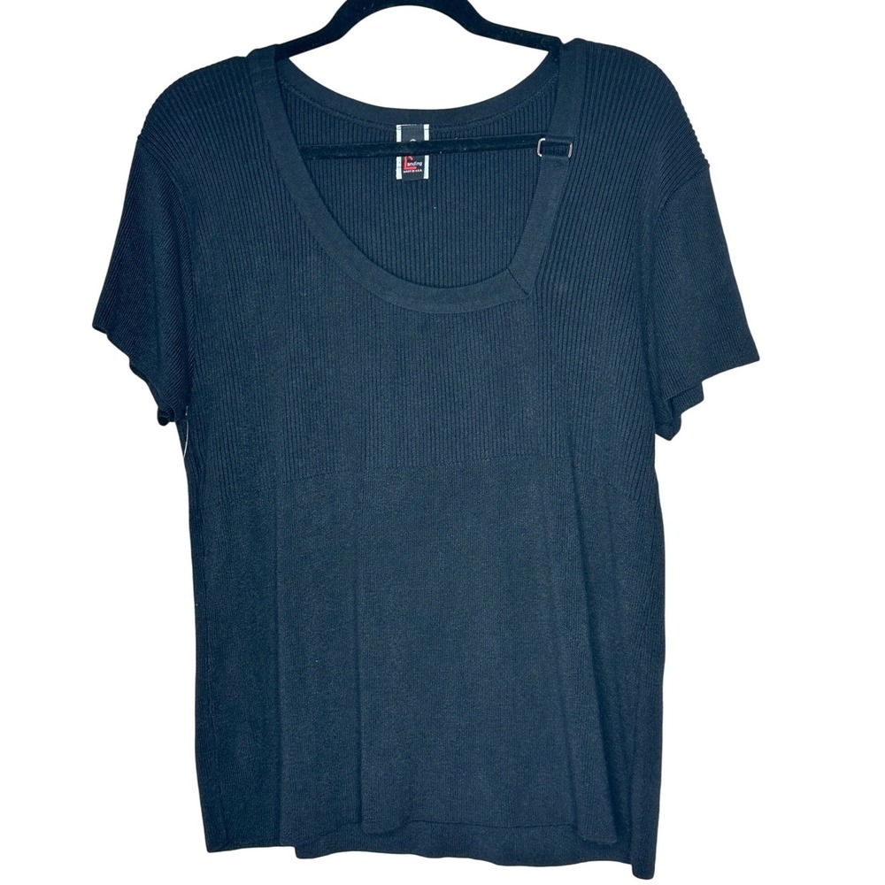 Knits Landing NWT Black Ribbed Scoop Neck Top Short Sleeve Ring Detail 2X USA
